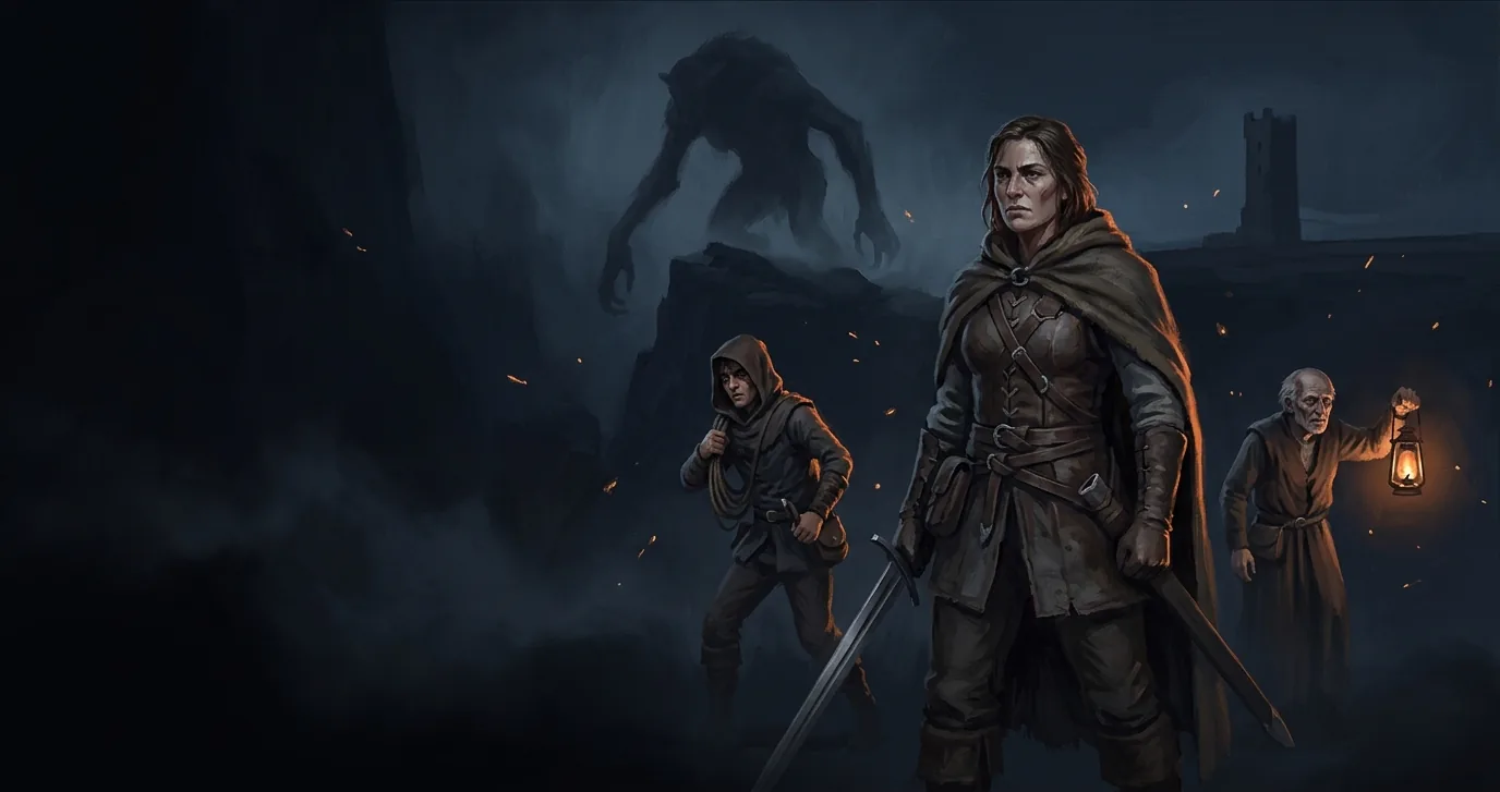 Three adventurers on a dark ridge at night: a woman in a cloak with a drawn sword, a hooded companion carrying rope, and an old man holding a lantern, while a huge horned shape looms in the mist on the crag behind them