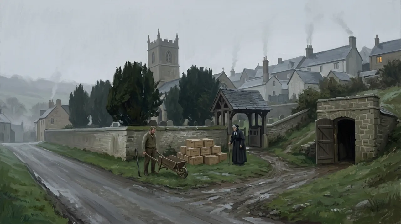 A grey wet morning at the edge of a hill town: a man with a barrow and a woman in black stand beside a stack of plain wooden crates on the grass outside a churchyard wall, the church tower behind them, and an open stone doorway cut into the hillside across the muddy lane